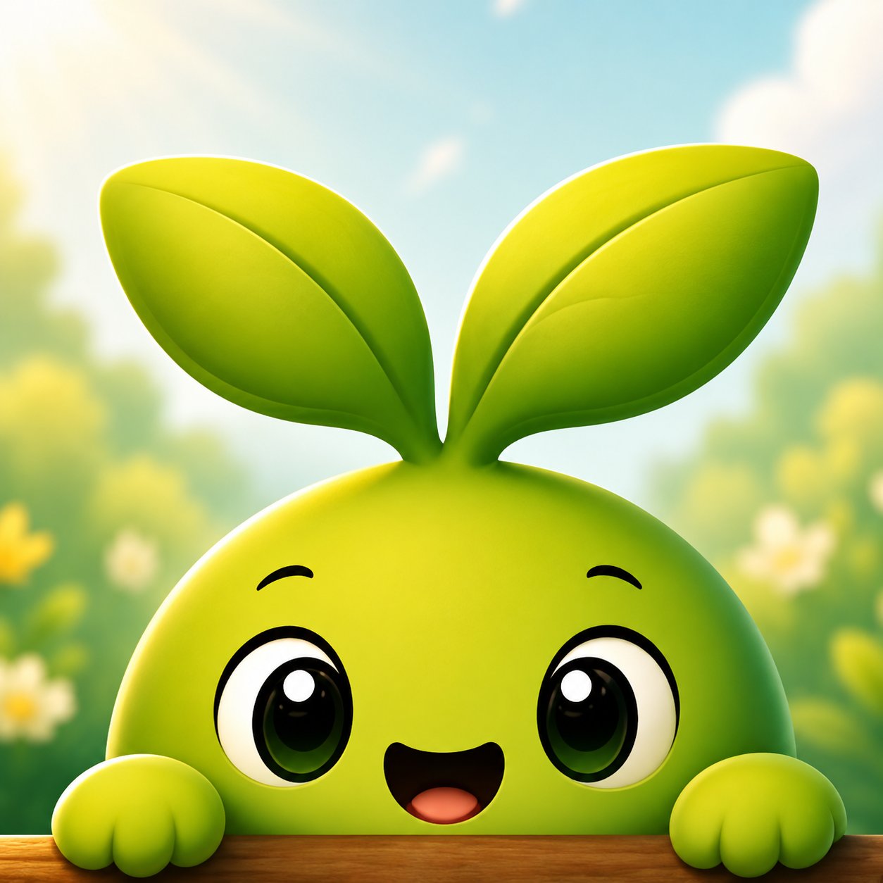 Causling sprout mascot peeking over a wooden ledge